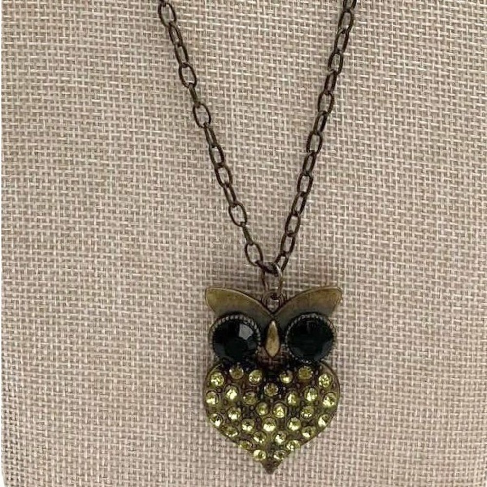 Vintage Brass Tone Owl Heart Pendant Necklace Amber Yellow Rhinestone Retro Boho